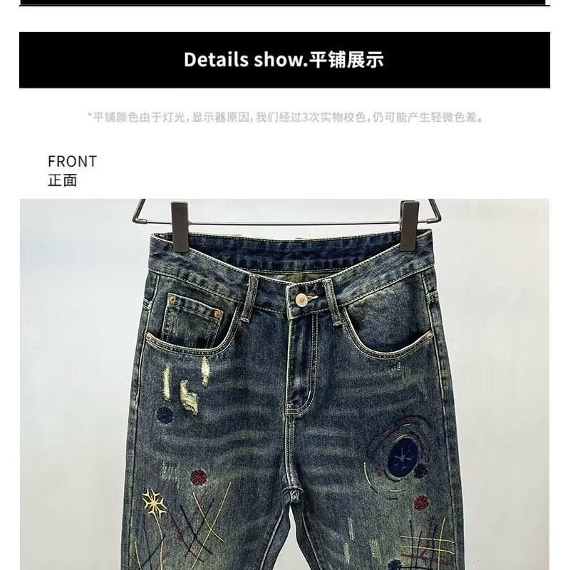 American Style Fried Street Loose Ripped Patch Beggar Jeans Men'S Embroidered Japanese Style Vintage Antique Harlan Tapered Denim - Image 4